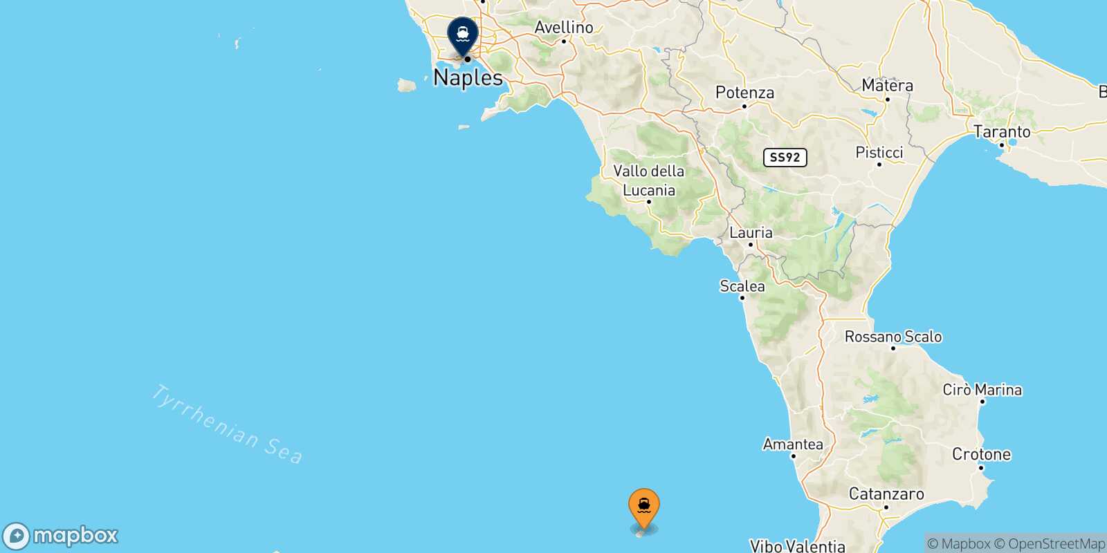 Stromboli Naples Mergellina route map