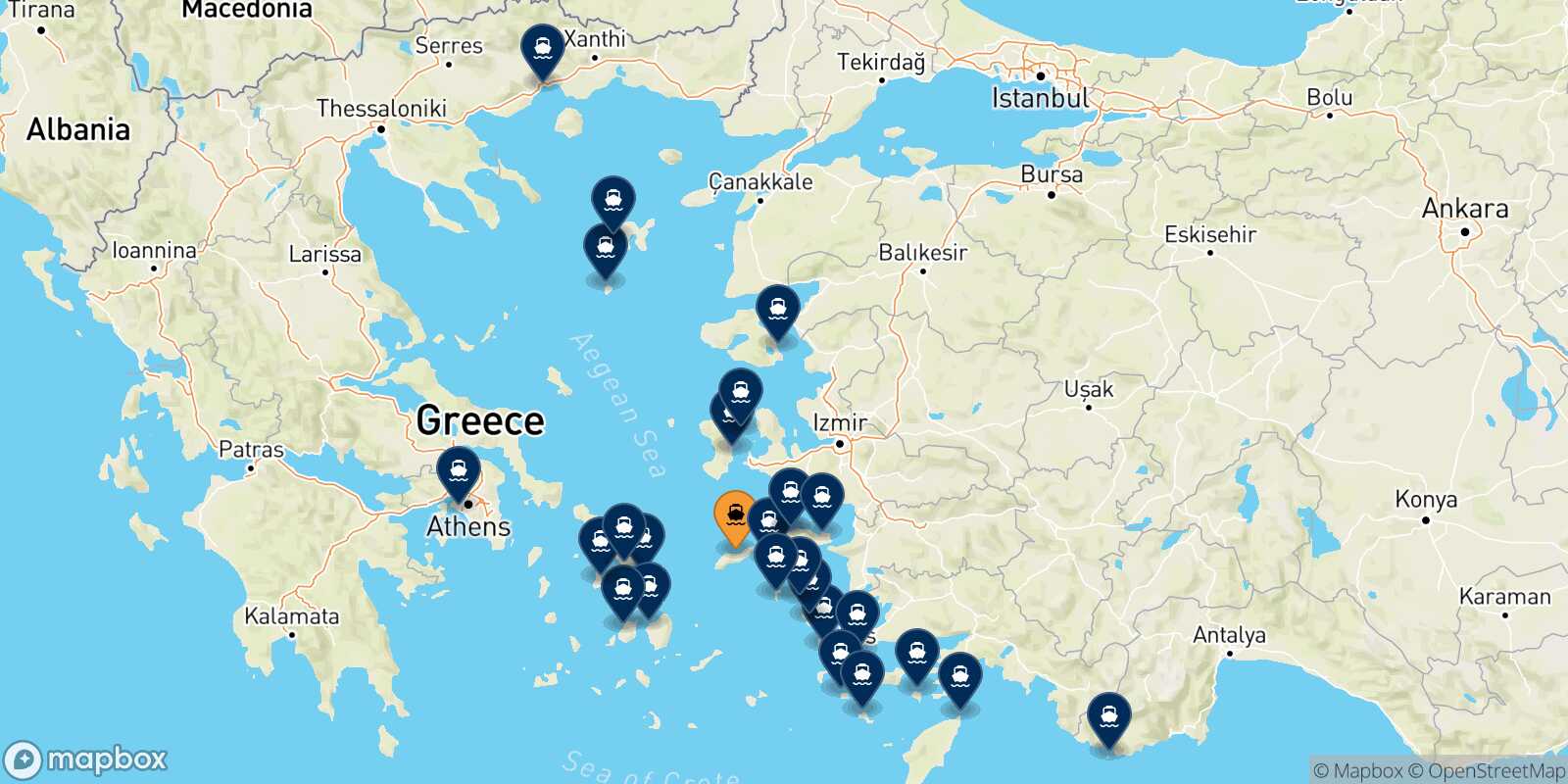 Map of the destinations reachable from Agios Kirikos (Ikaria)