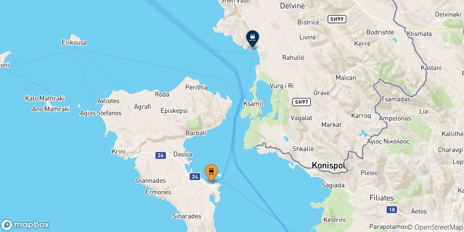 Map of the possible routes between Ionian Islands and Saranda
