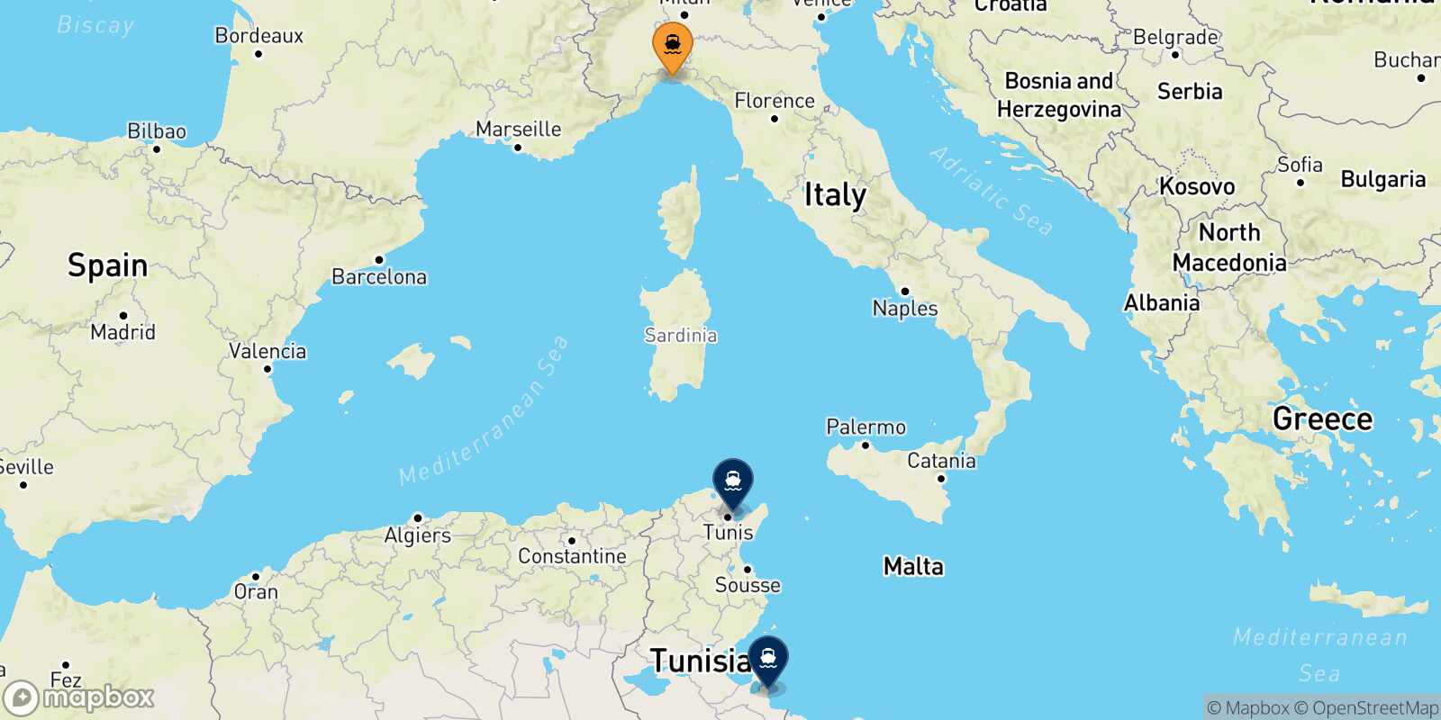 Map of the destinations reachable from Genoa