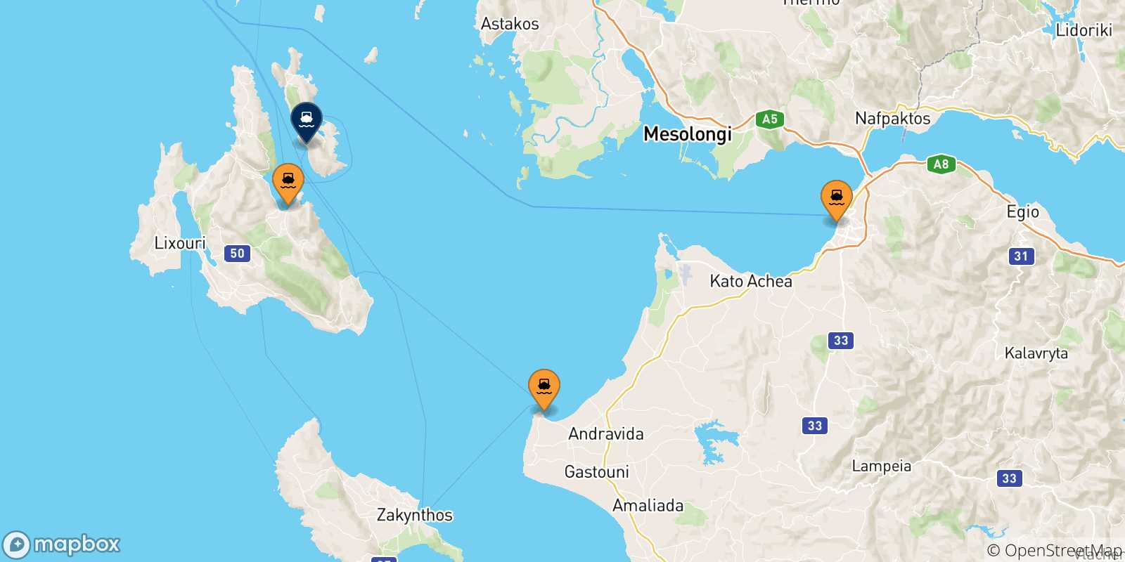 Map of the possible routes between Greece and Pisaetos (Ithaka)