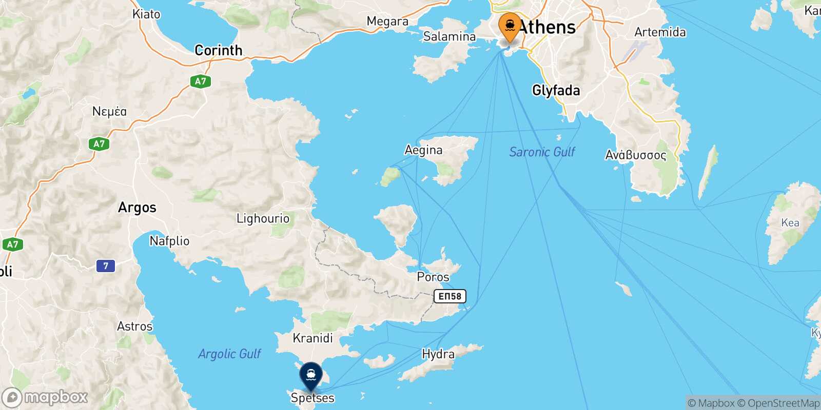 Piraeus Spetses route map
