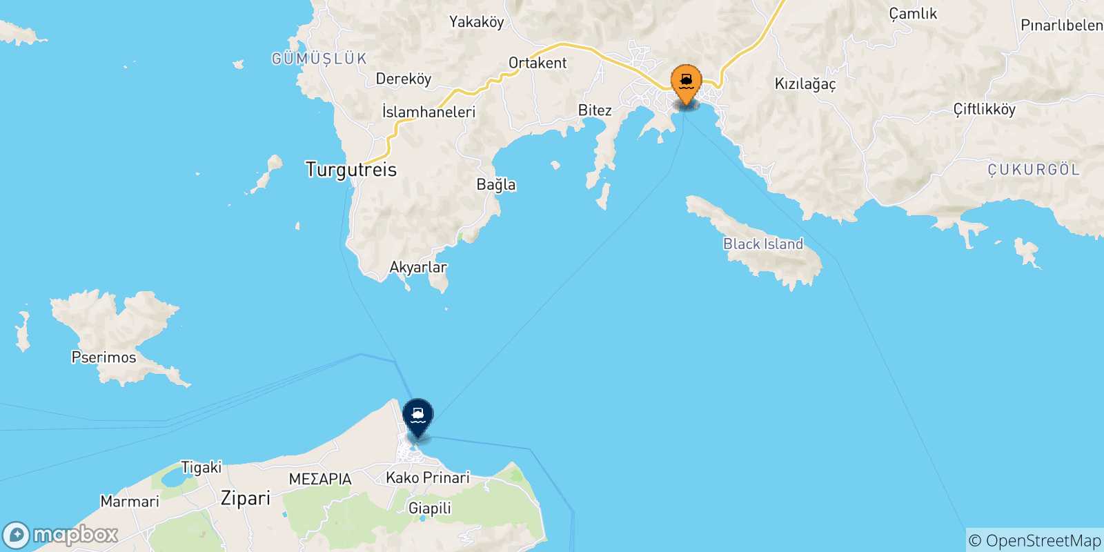 Map of the possible routes between Turkey and Kos
