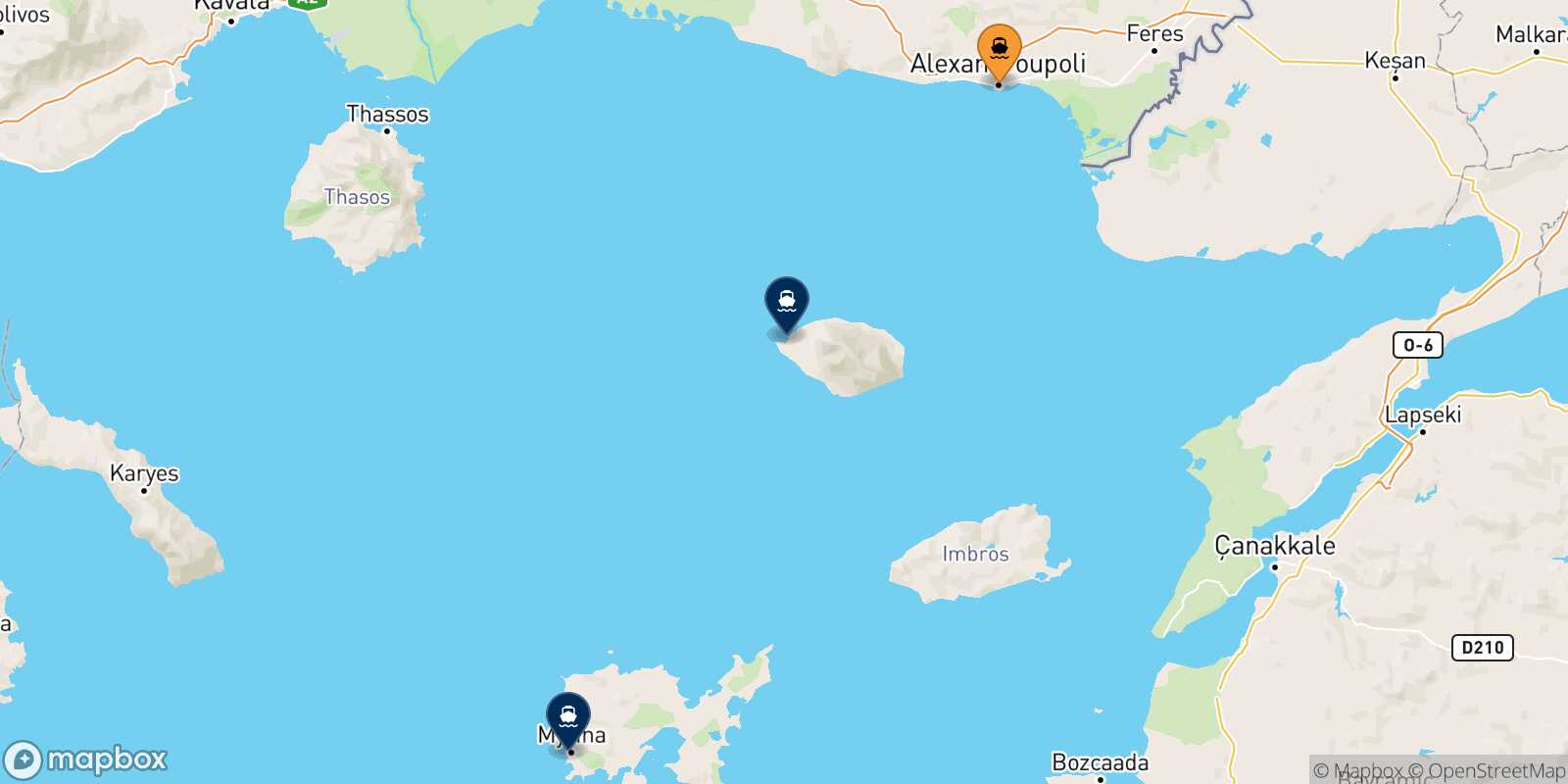 Map of the destinations reachable from Alexandroupoli