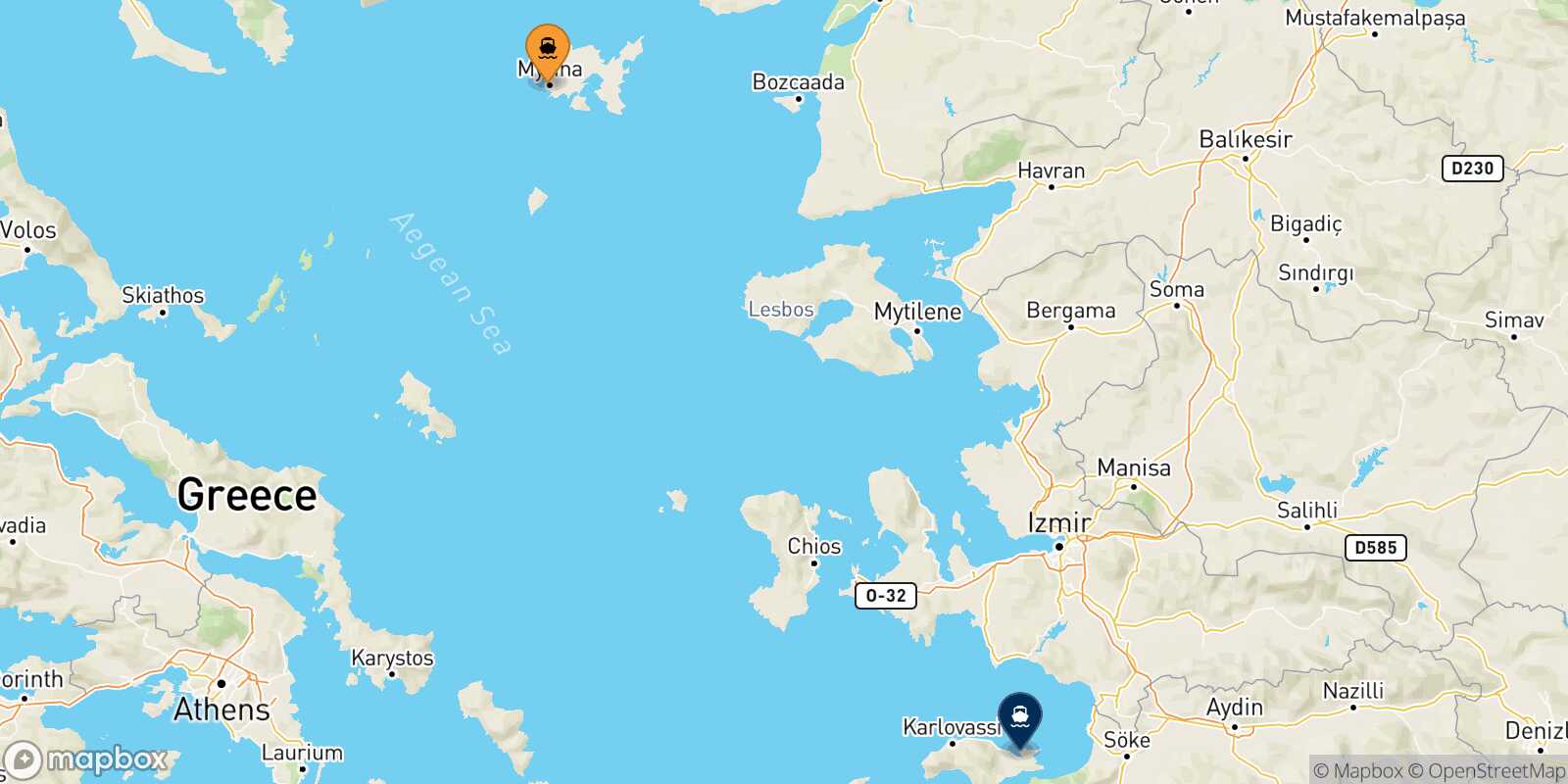Myrina (Limnos) Vathi (Samos) route map