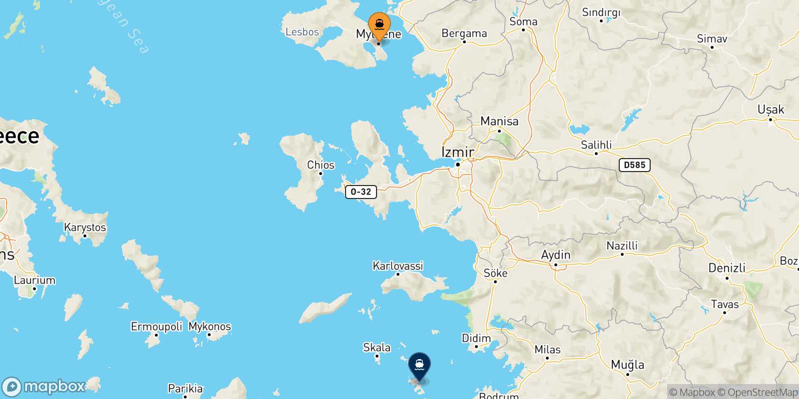 Mytilene (Lesvos) Leros route map