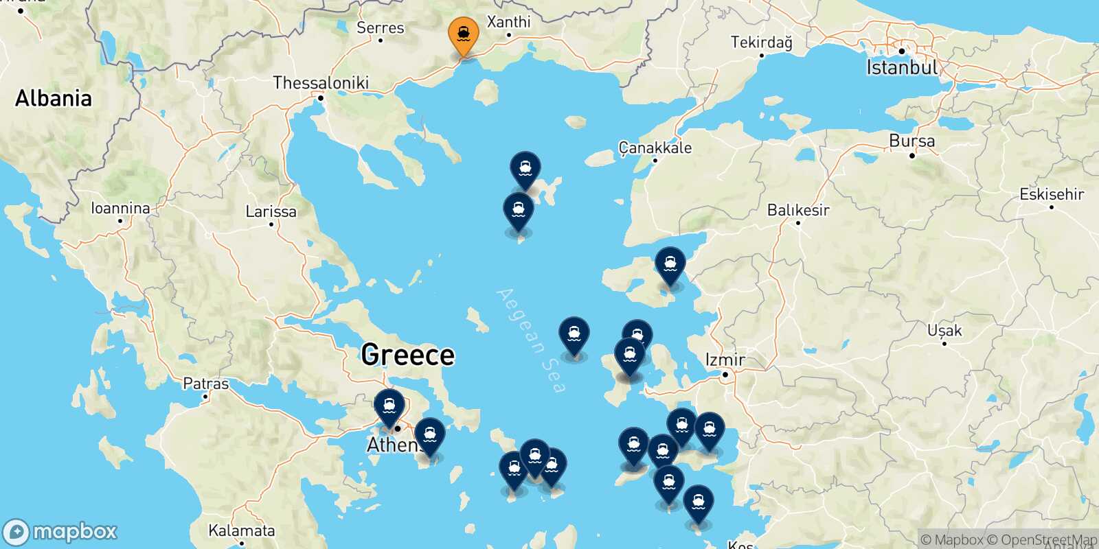 Map of the destinations reachable from Kavala
