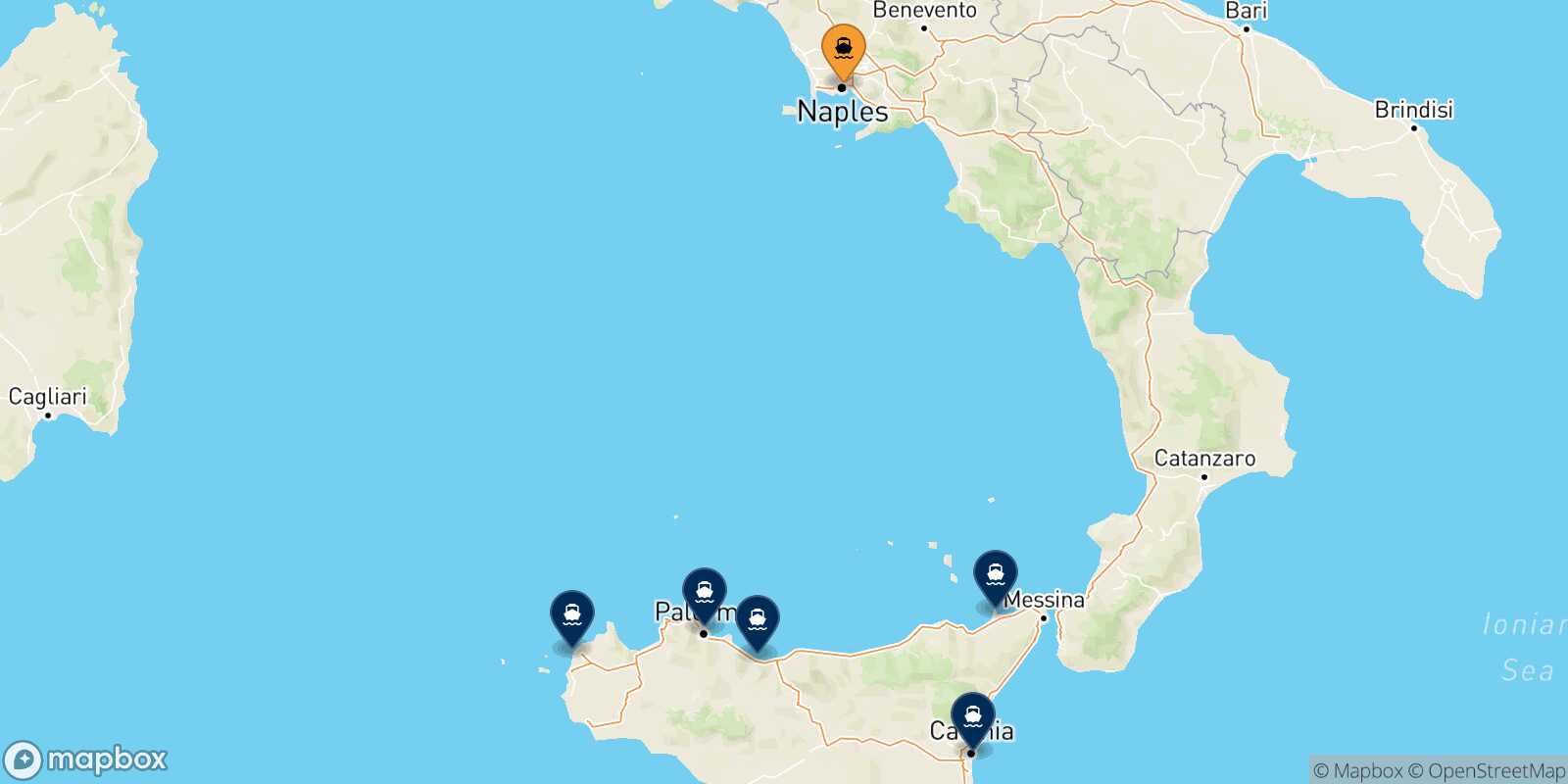 Map of the destinations reachable from Naples