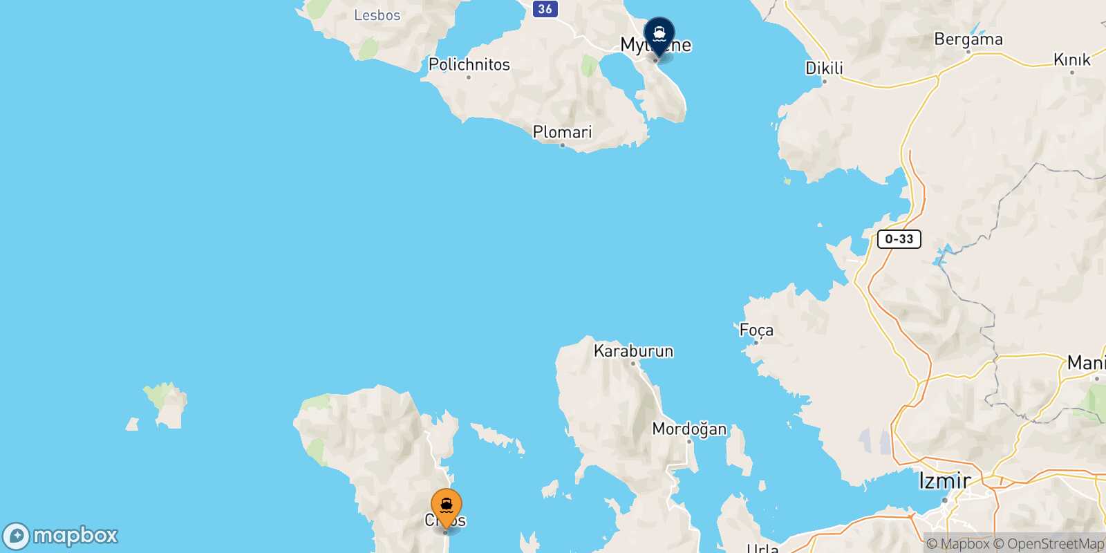 Chios Mytilene (Lesvos) route map