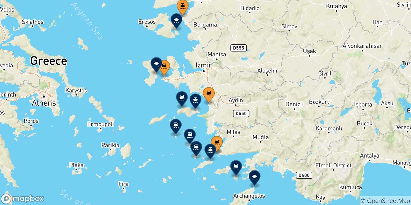 Map of the possible routes between Turkey and Greece