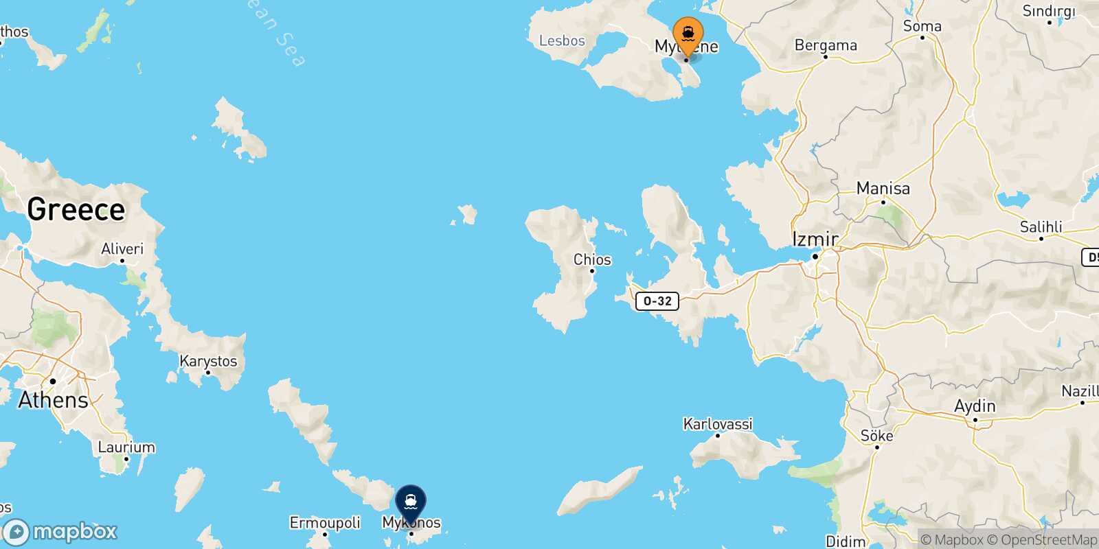 Mytilene (Lesvos) Mykonos route map