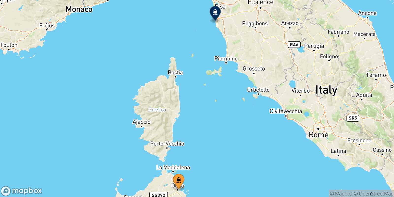 Olbia Livorno route map