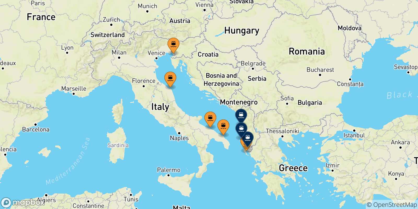 Map of the ports connected with  Albania