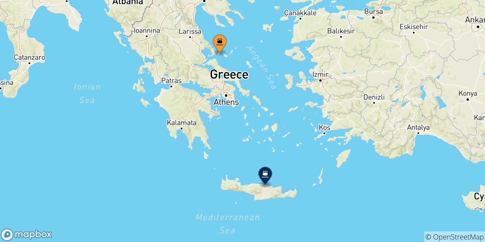 Map of the possible routes between Sporades Islands and Heraklion