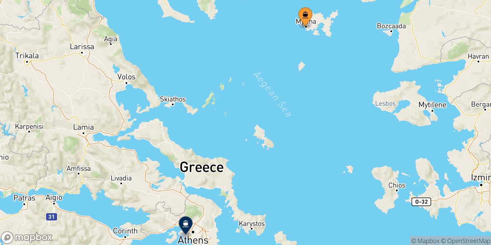 Myrina (Limnos) Piraeus route map