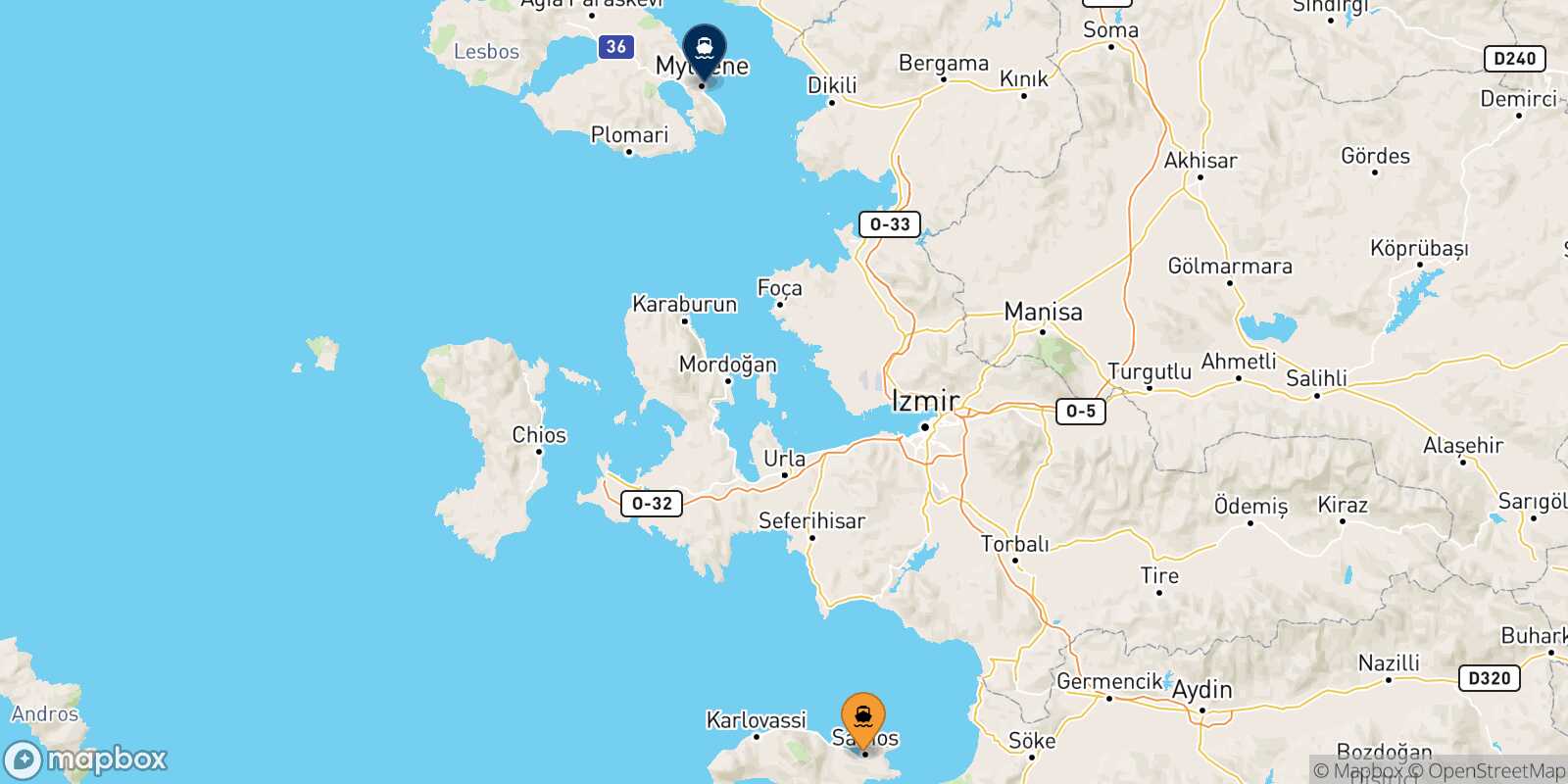 Vathi (Samos) Mytilene (Lesvos) route map