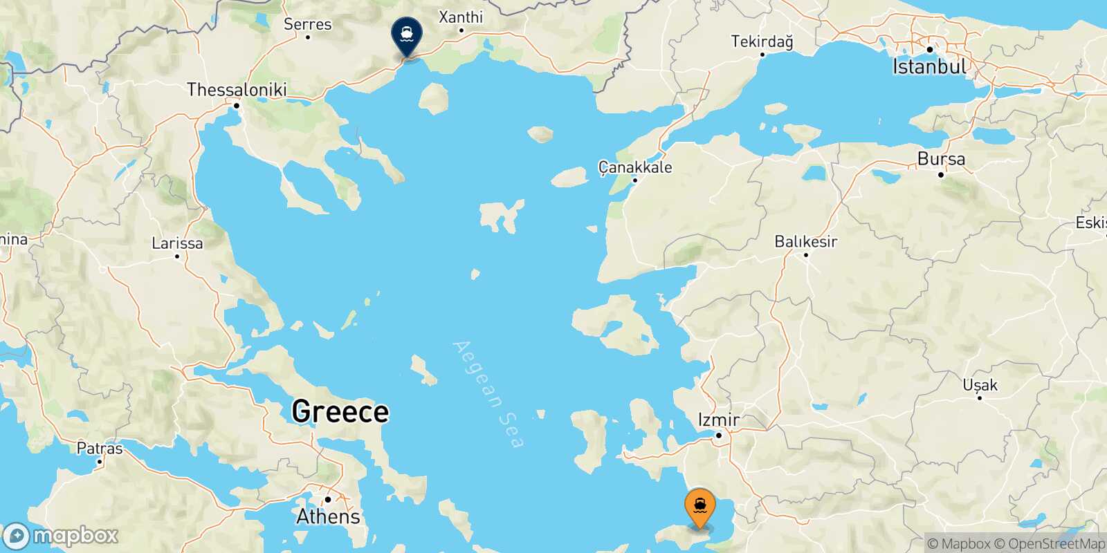 Vathi (Samos) Kavala route map