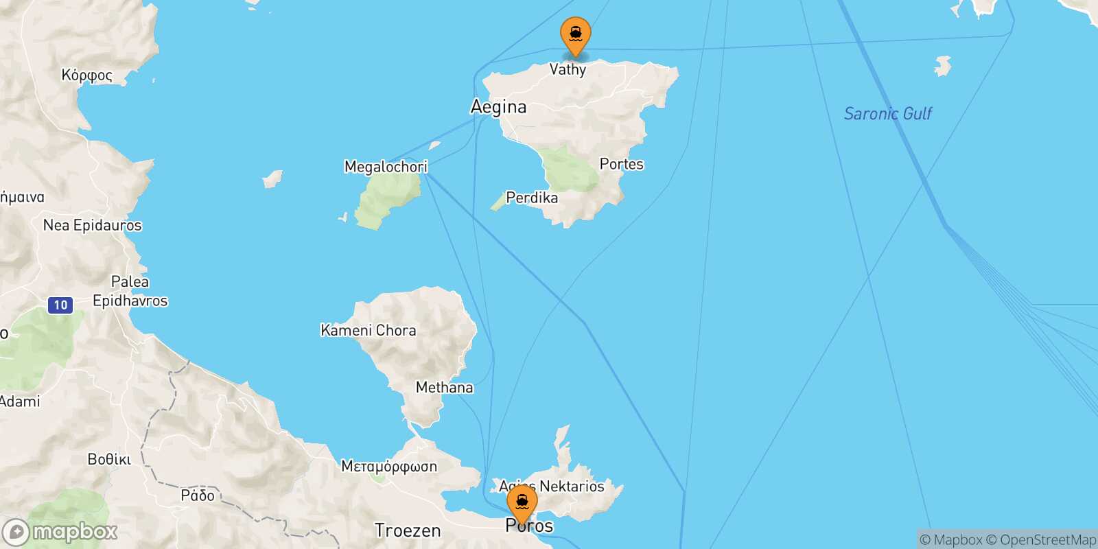 Map of the ports connected with  Agia Marina (Aegina)