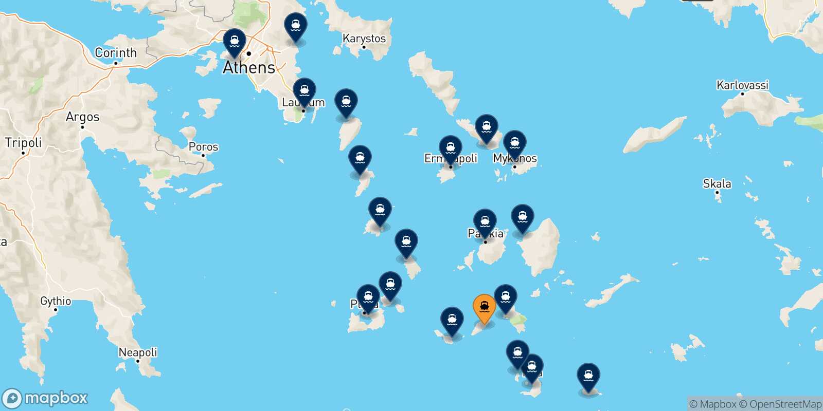 Map of the destinations reachable from Sikinos