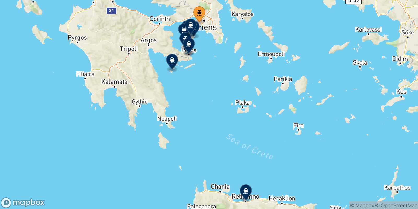 Map of the destinations reachable from Piraeus
