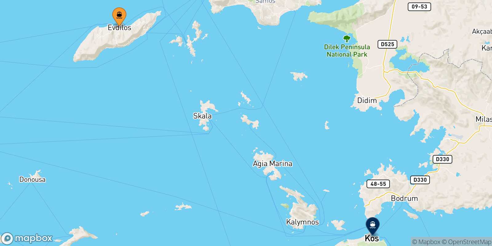 Evdilos (Ikaria) Kos route map