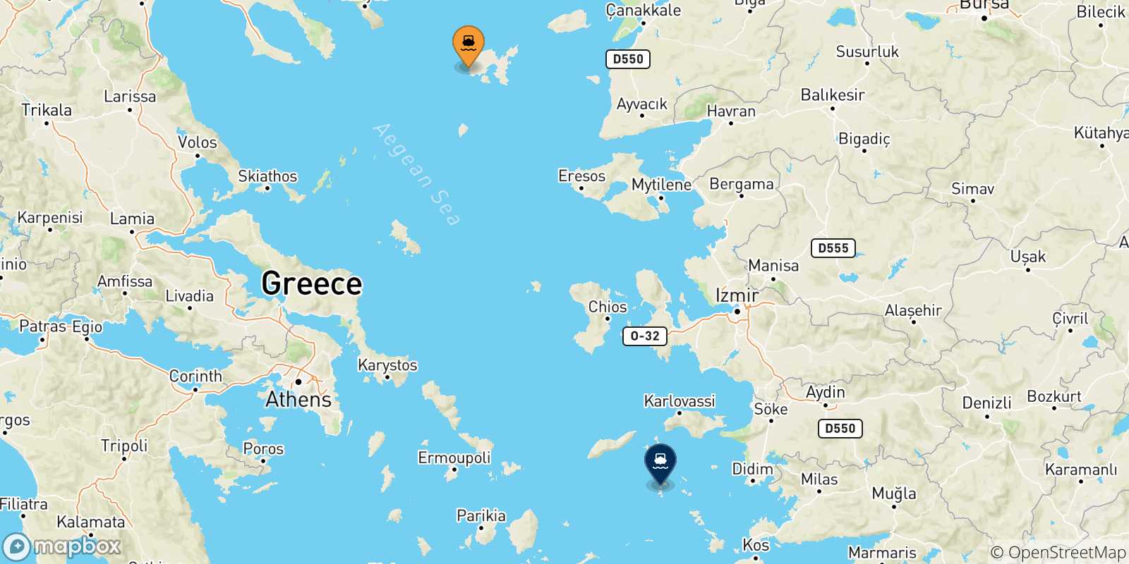 Map of the possible routes between Myrina (Limnos) and Dodecanese Islands