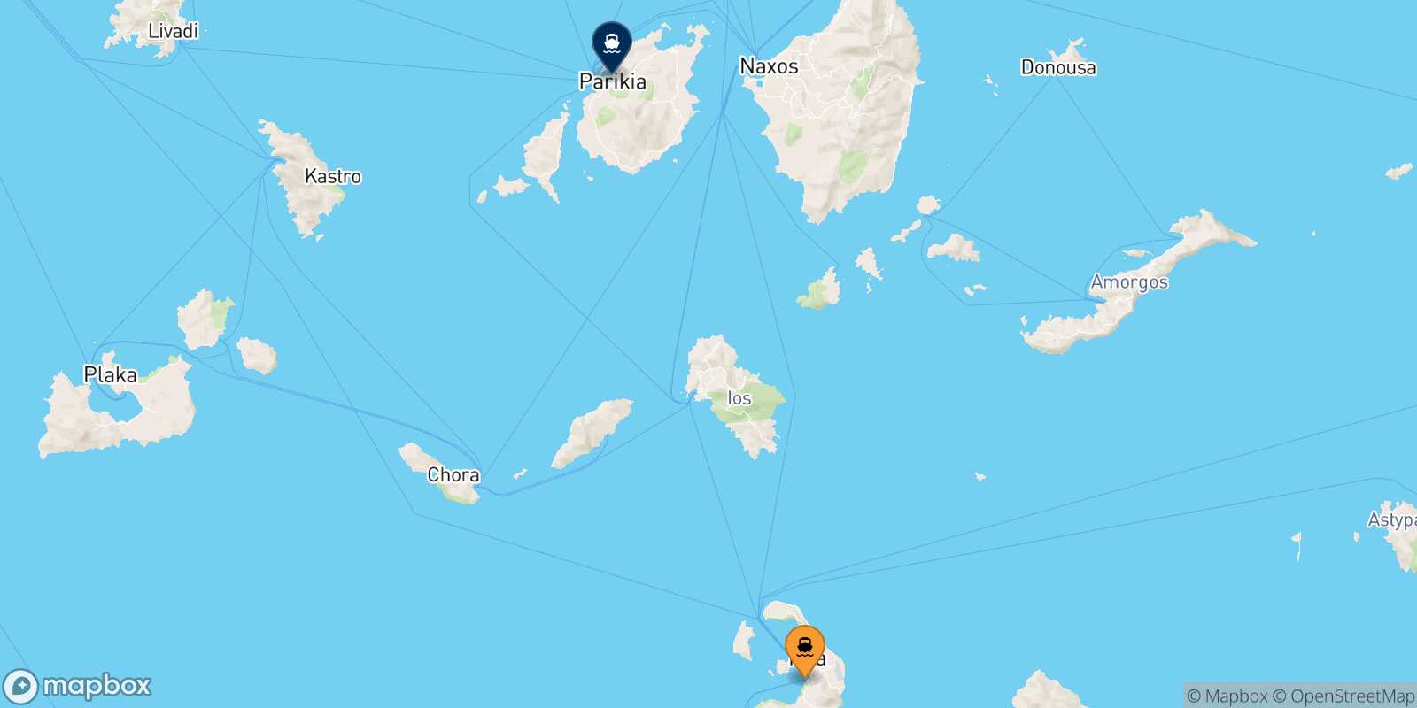 Thira (Santorini) Paros route map