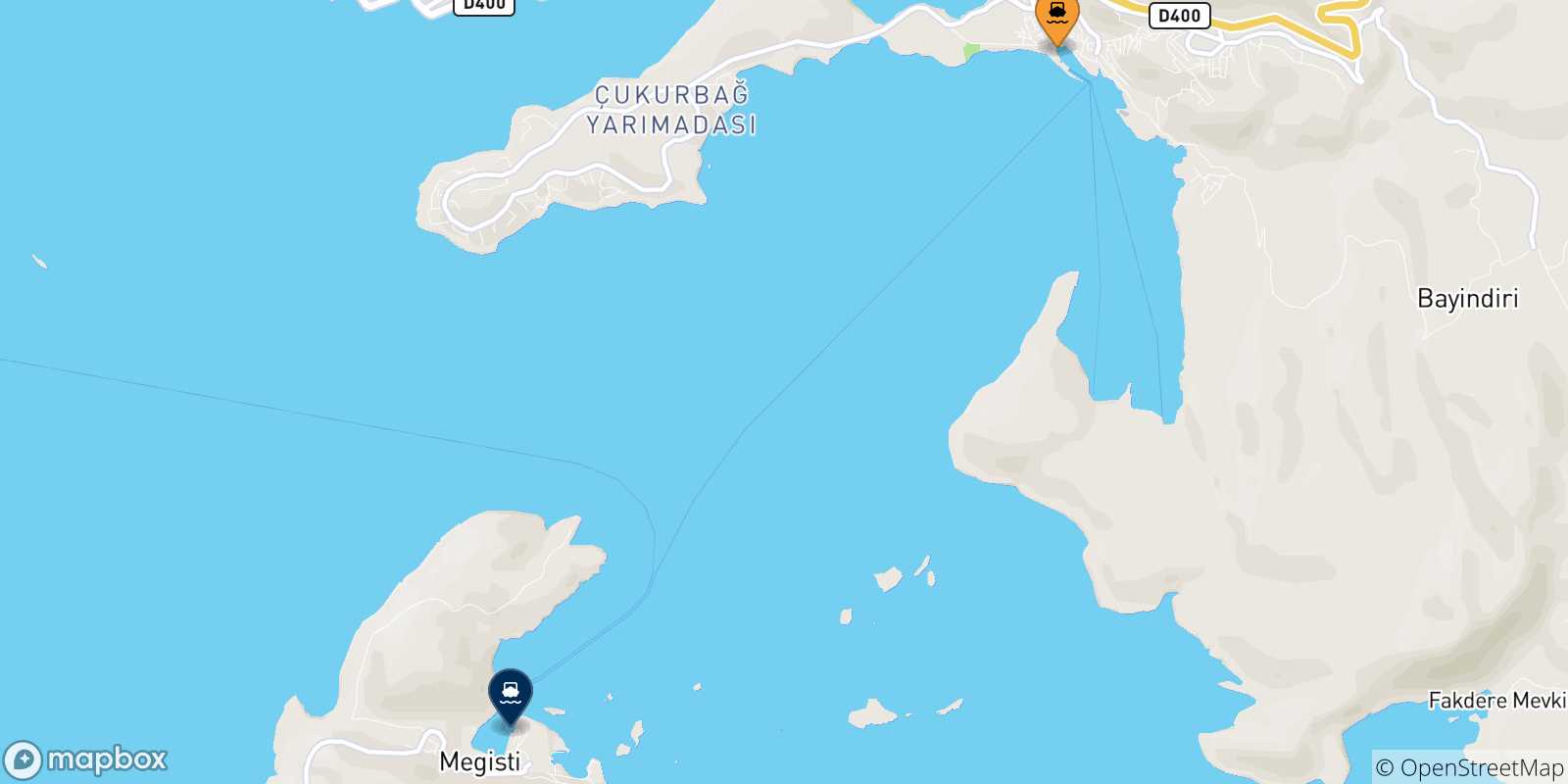 Map of the possible routes between Turkey and Kastelorizo