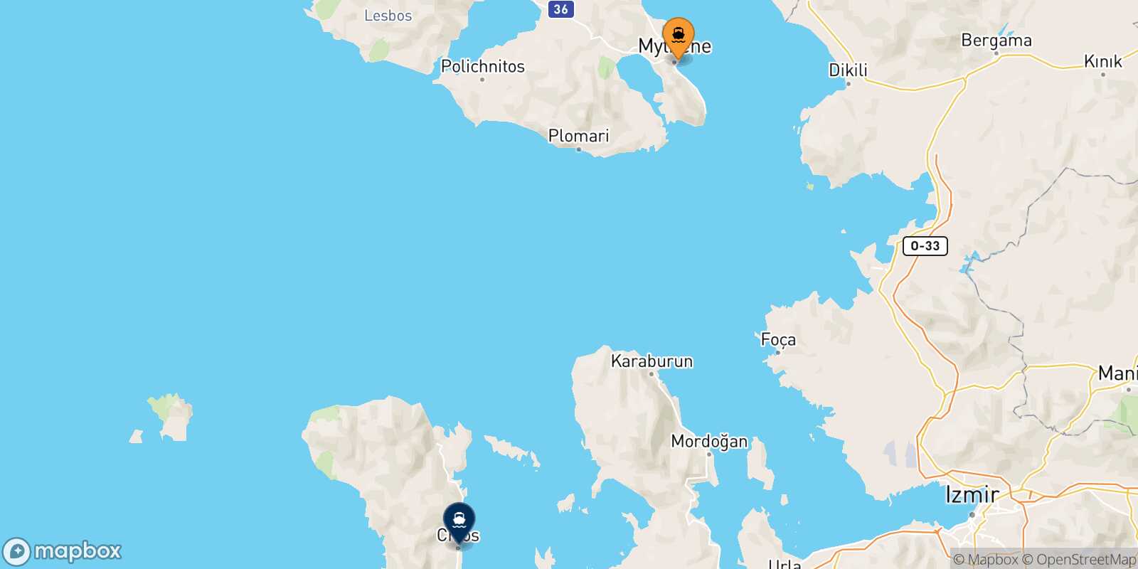 Mytilene (Lesvos) Mesta Chios route map