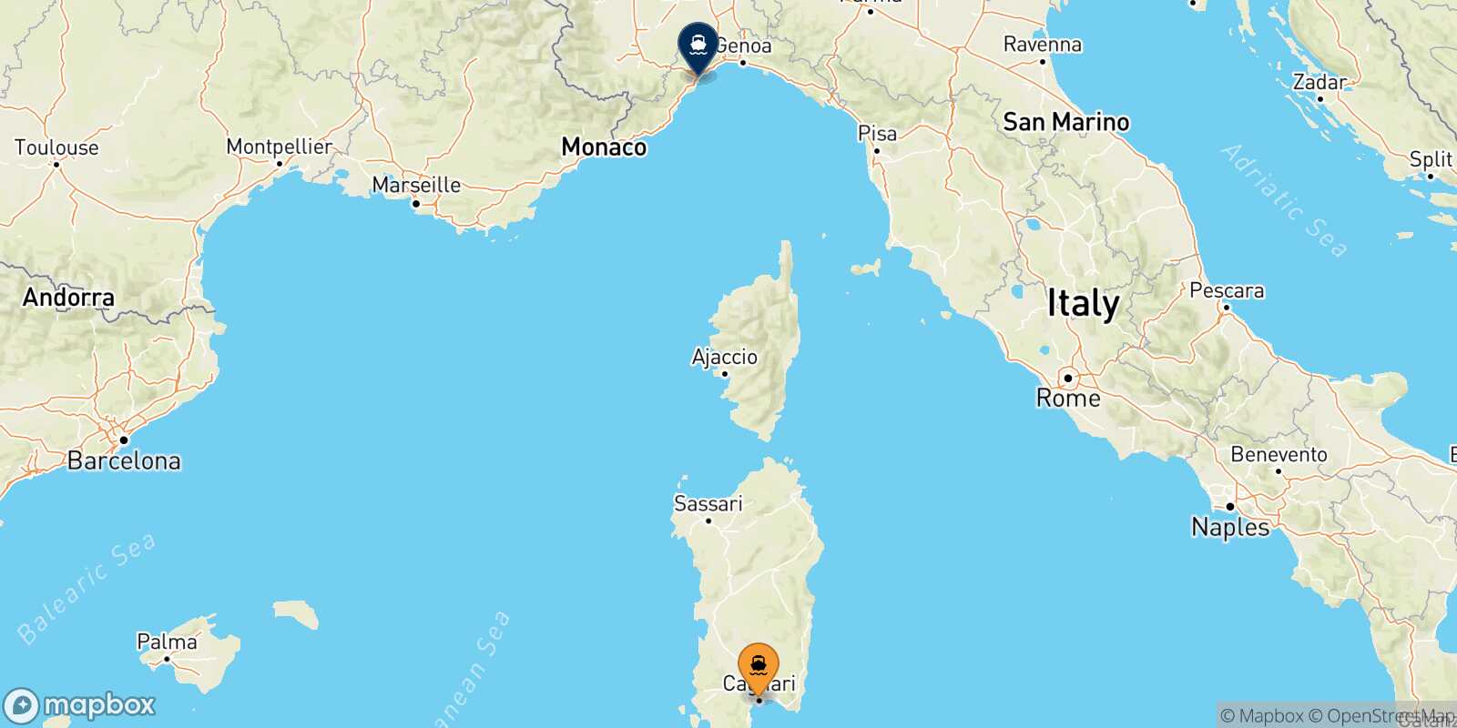 Cagliari Savona route map
