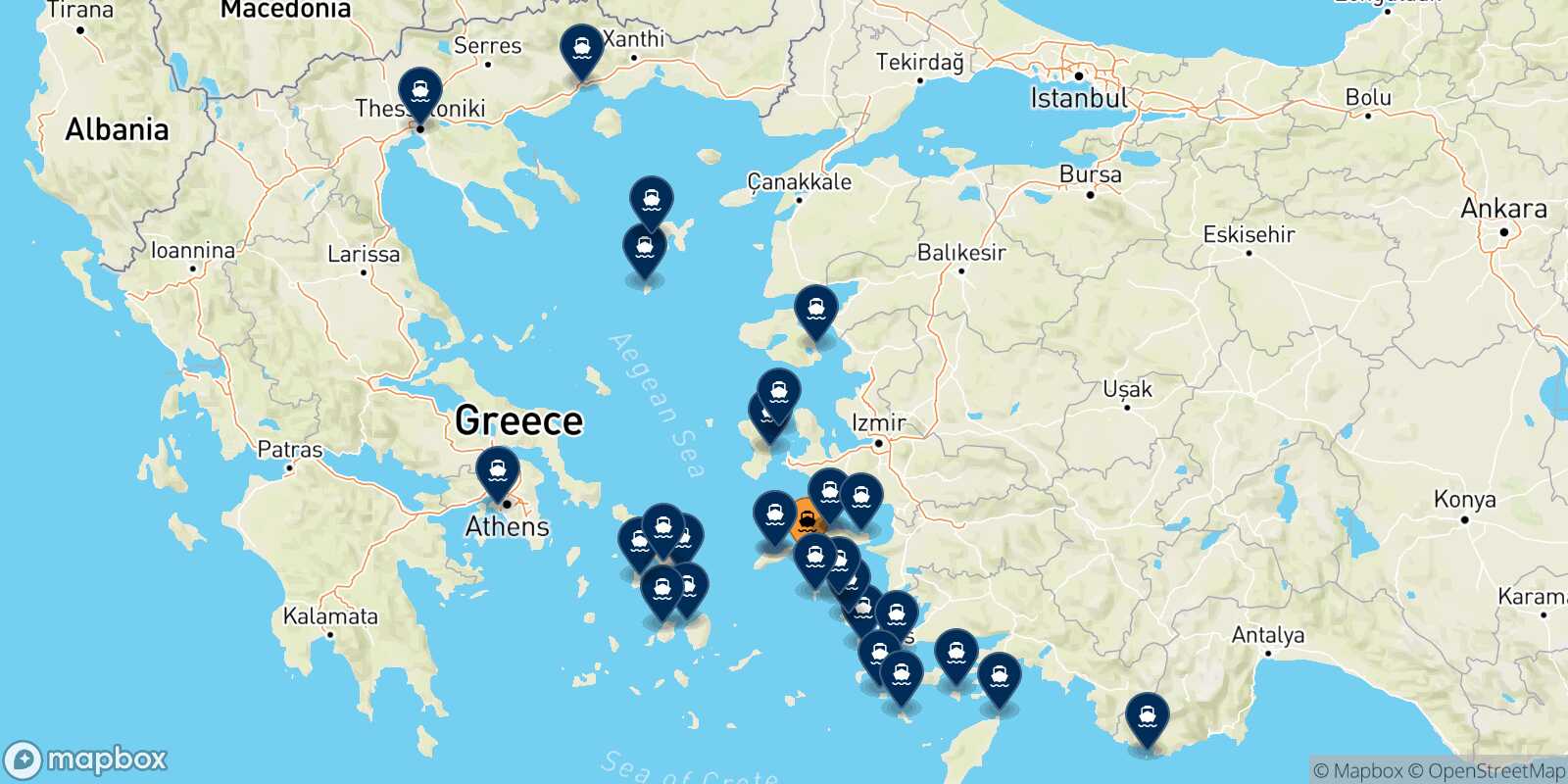 Map of the destinations reachable from Fourni