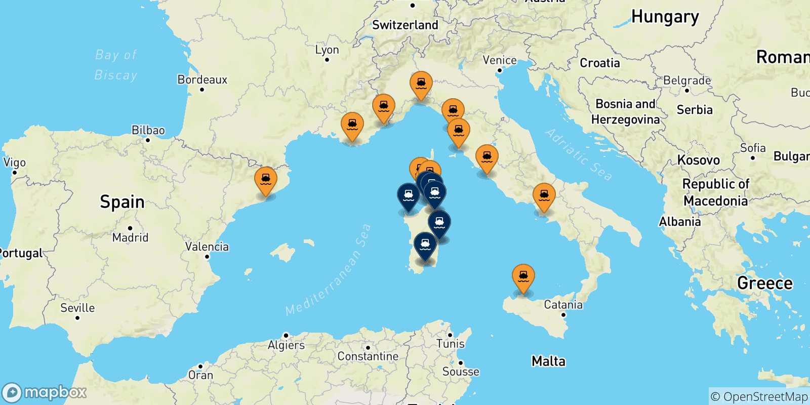 Map of the ports connected with  Sardinia