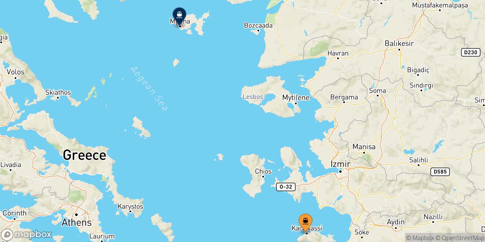 Karlovassi (Samos) Myrina (Limnos) route map