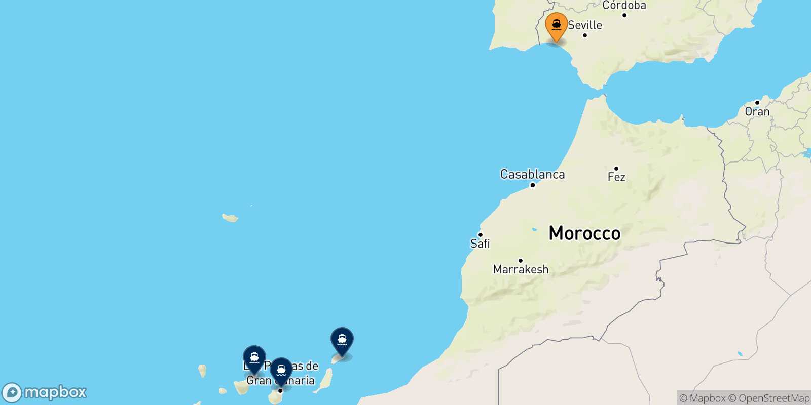 Map of the destinations reachable from Huelva