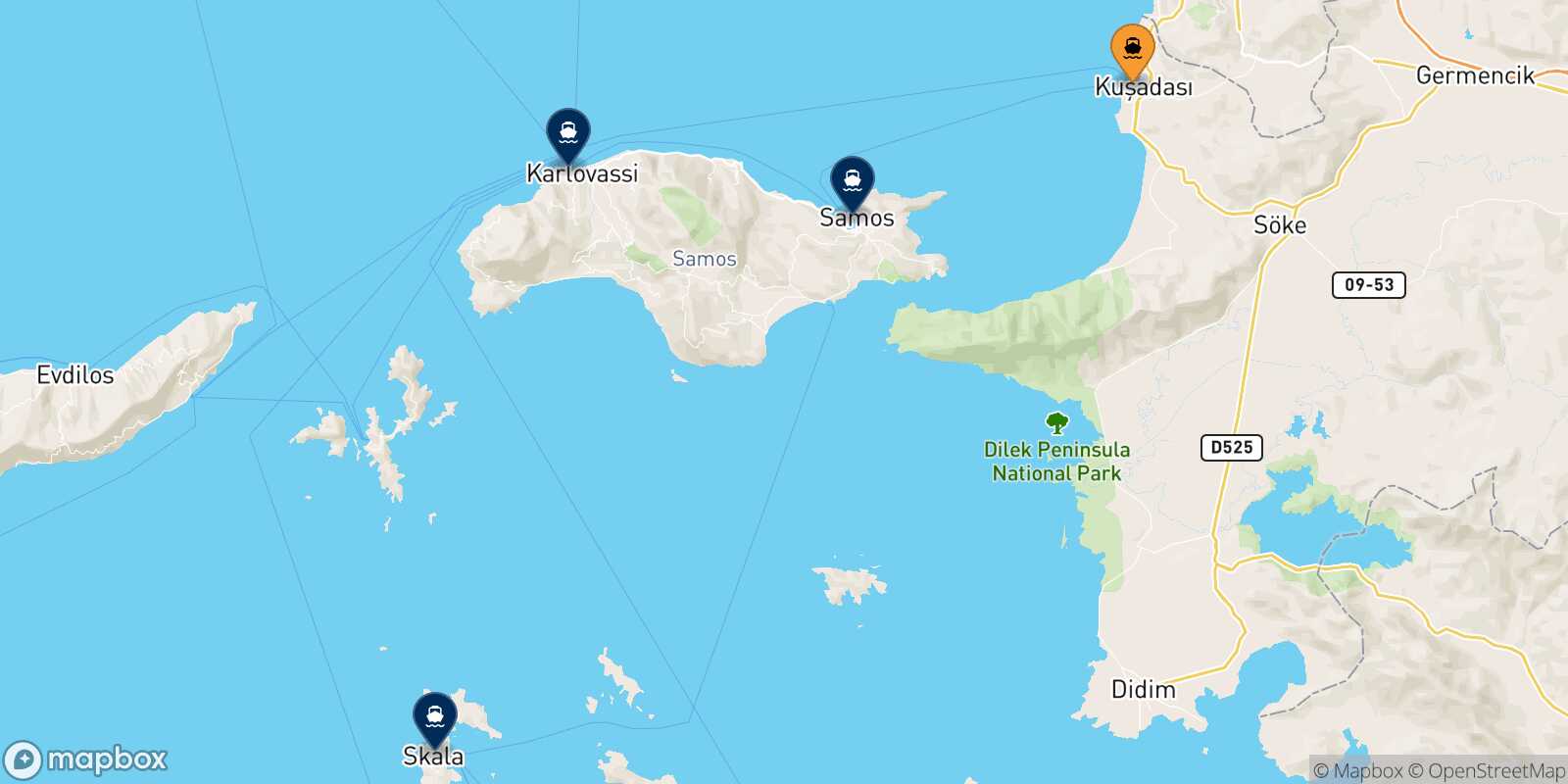 Map of the destinations reachable from Kusadasi