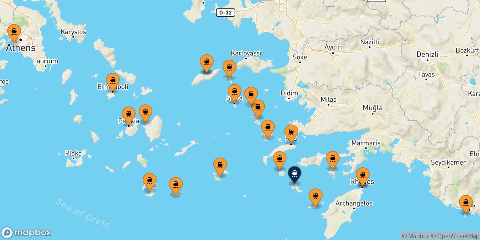 Map of the ports connected with  Tilos