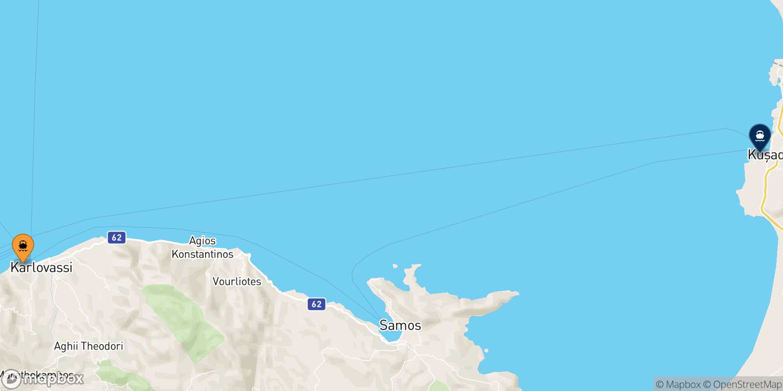 Map of the destinations reachable from Pythagorio (Samos)