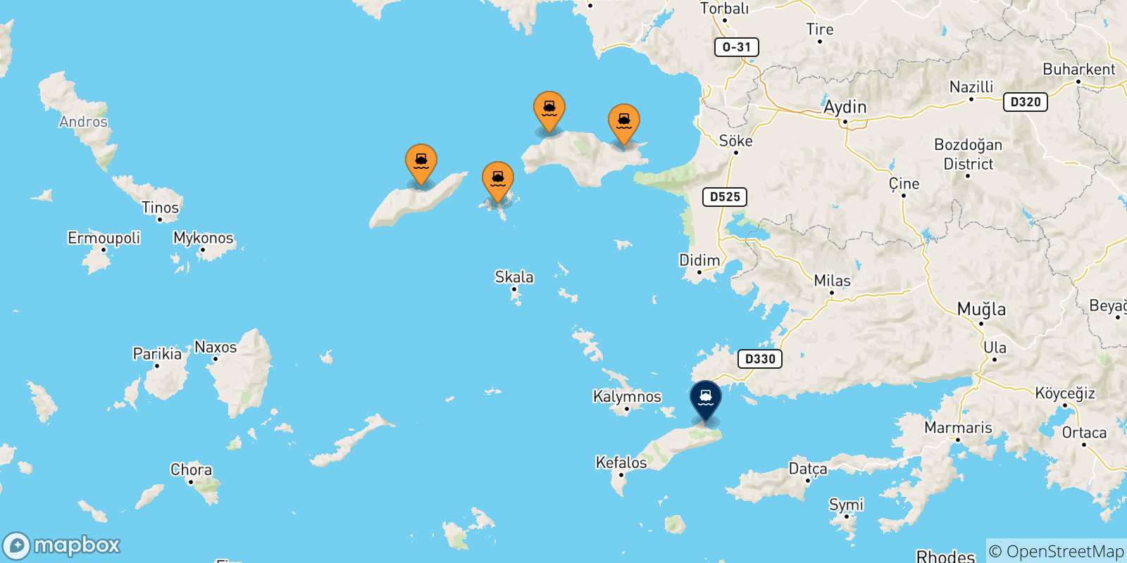 Map of the possible routes between Aegean Islands and Kos