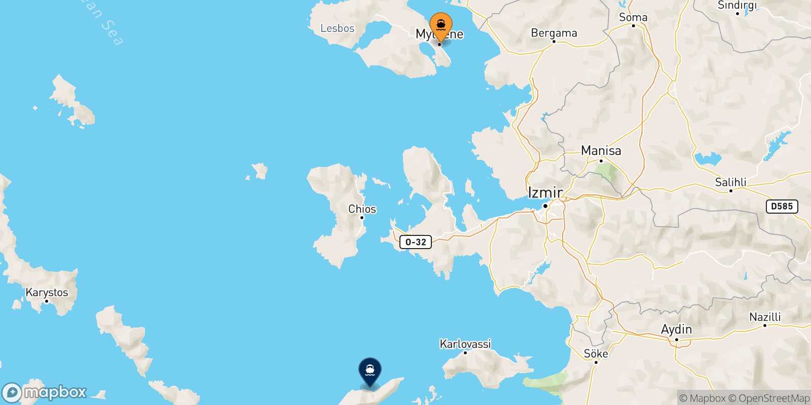 Mytilene (Lesvos) Agios Kirikos (Ikaria) route map