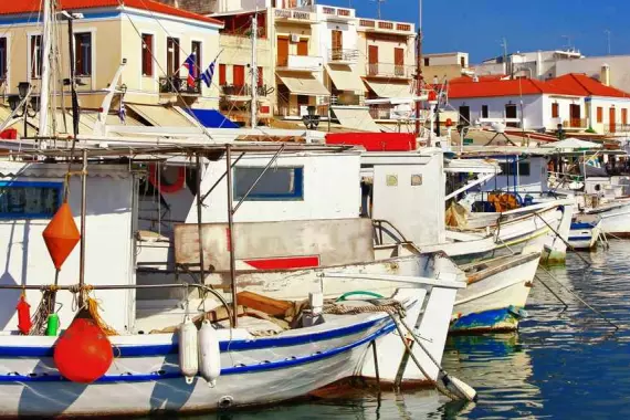 Boats docked at the port on the island of Aegina.