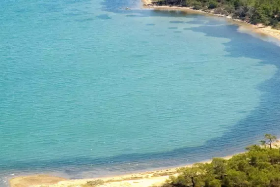 Aerial view of a beach in Ayvalik, Turkey.