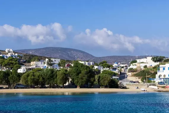 Houses overlooking the beach in Iraklia, Greece