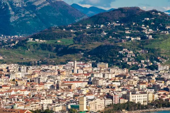 Aerial view of the port city of Salerno, Italy.