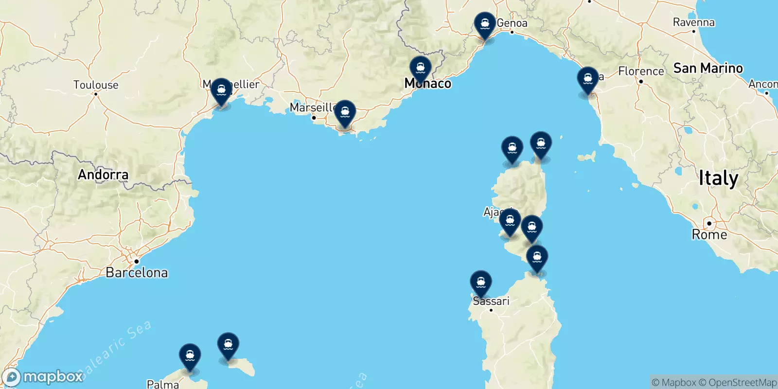 Corsica Sardinia Ferries destinations map