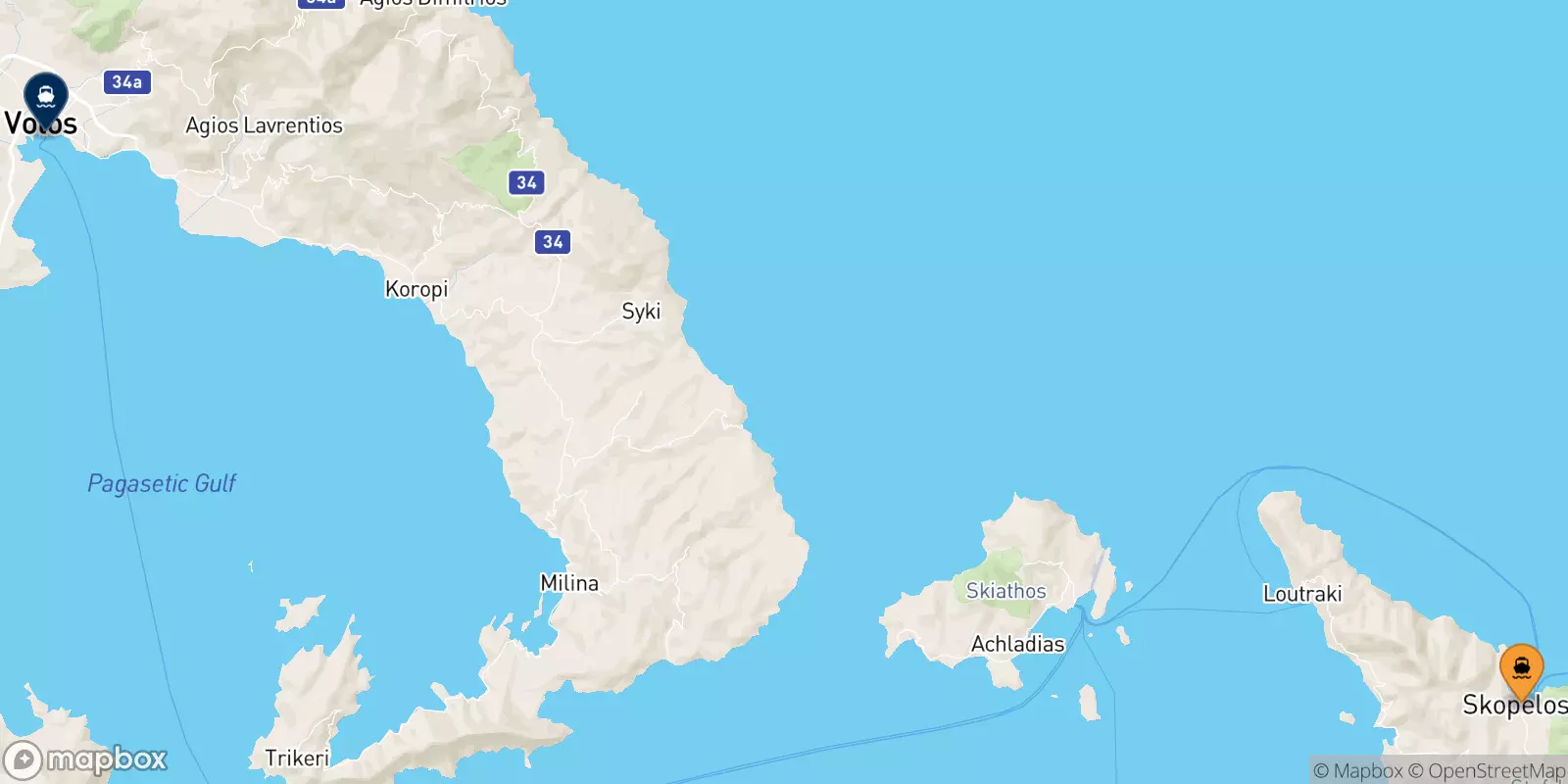 Ferries from Glossa (Skopelos) to Volos