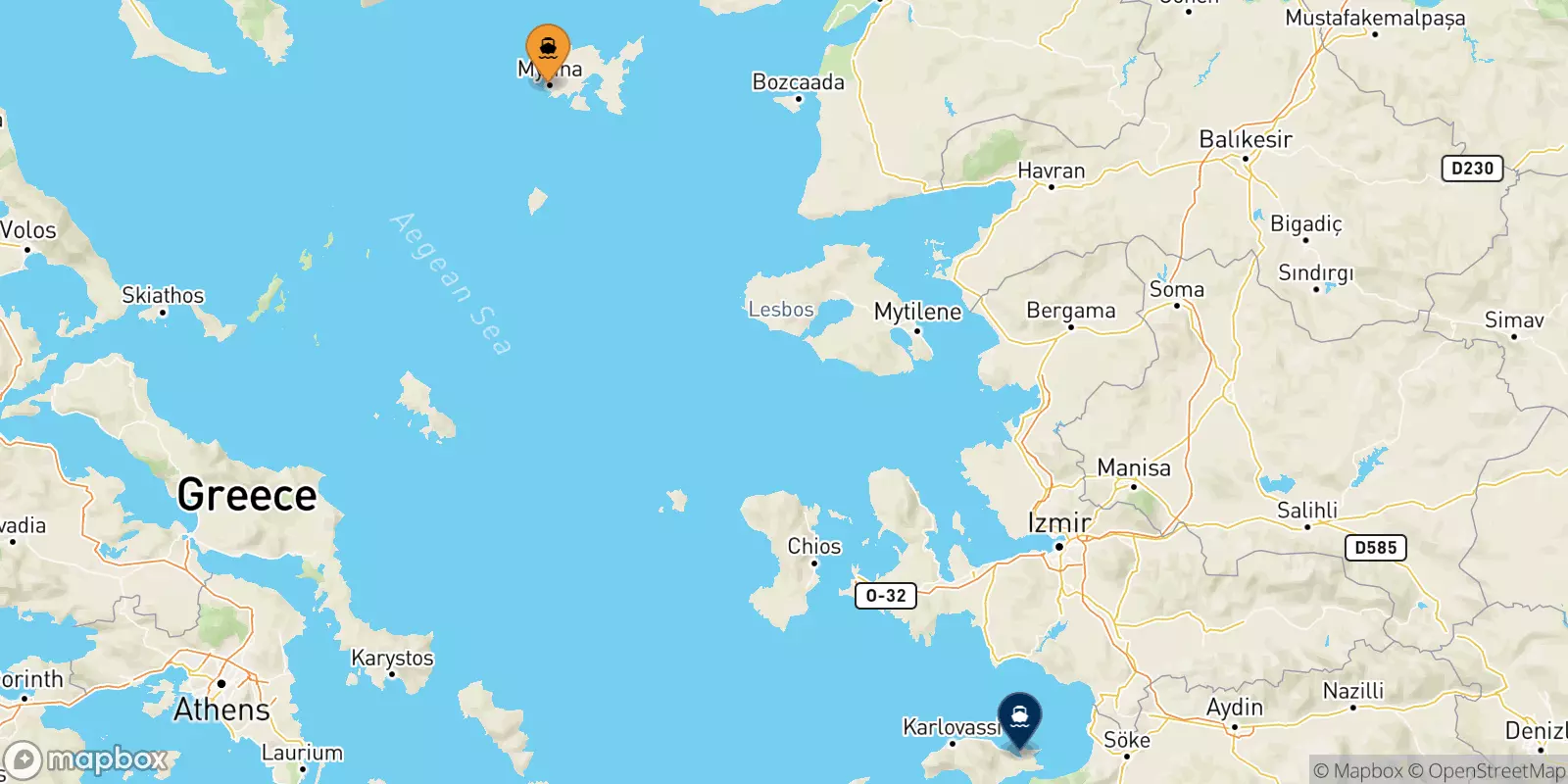 Ferries from Myrina (Limnos) to Vathi (Samos)